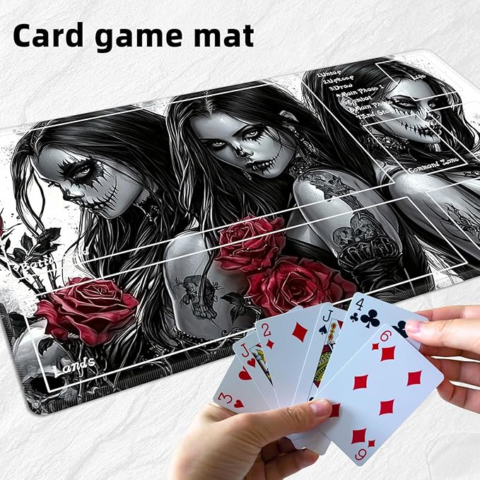 for MTG Playmat with Zones Storage Bag, for TCG Playmat and Playing Card Mat for Magic Board Games, Gothic Women Non-Slip Stitched Edges Game Mat, Rollable Foldable Card Playmats