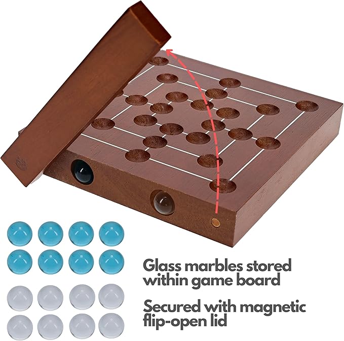 WE Games Nine Men's Morris Board Game, 5 inch Travel Size - Solid Wood Board with Magnetic Closure, 9 Clear & 9 Blue Marbles, Classic 2-Player Strategy Game for Adults, Perfect for Game Nights