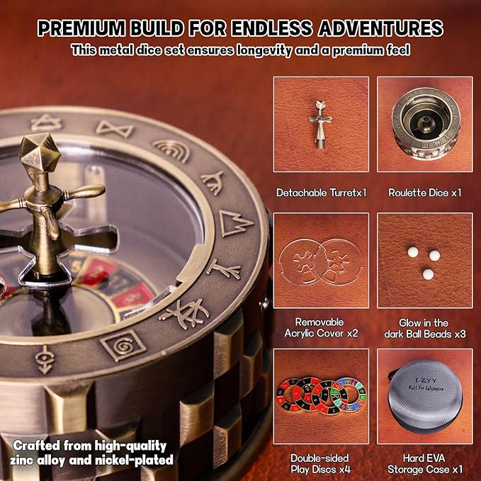 CZYY Roulette Dice - 7-in-1 Metal Spinner Dice Set, Unique Spinning Dice, Desk Fidget Gadget - Cool DND Role Playing Dice, Gift & Accessories for D&D, Tabletop RPG, Board Game (Bronze)