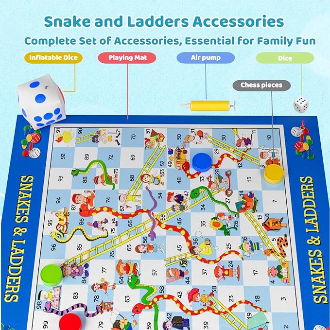 Big Snakes and Ladders Board Game for Kids Adults - Indoor Outdoor Board Game Set with 70" Playing Mat, Inflatable Dice, Chess Pieces & Dice, Educational Toy Birthday Gift for Boys Girls Ages 3 and Up