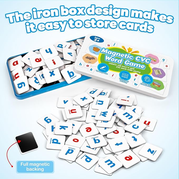 CVC Word Games,Magnetic Letters & Flash Cards,Phonics Games,Alphabet Learning Toys, Refrigerator Fridge ABC Magnets for Kids,Speech Therapy Toys for Toddler,Spelling for Preschool Classroom