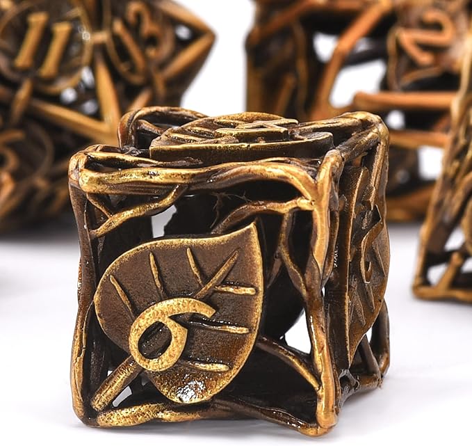 AUSTOR 7 Pieces DND Dice Set Leaf Metal Hollow Polyhedral Dice D20 D12 D10 D% D8 D6 D4 with Metal Box for Dungeons & Dragons RPG Board Games(Antique Gold)
