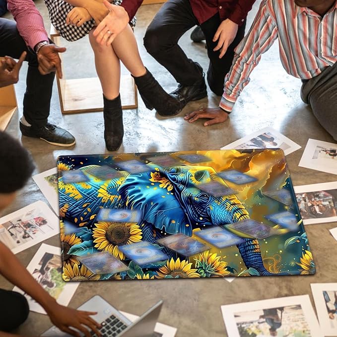 Base for MTG Playmat for Trading Card Games, Non-Slip Rubber Smooth Surface with Stitched Edges, Durable Desk Pad for Card Games, Custom Playmat Anime Playmat, Elephant in Sunflower Field