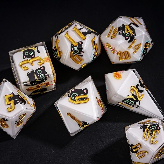 Cusdie 7-Piece Sharp Edges DND Dice Set - Cute Black Cat Stickers Inside - Perfect for Tabletop RPGs and Board Games