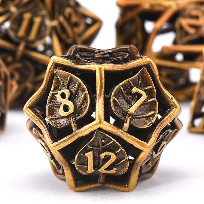 AUSTOR 7 Pieces DND Dice Set Leaf Metal Hollow Polyhedral Dice D20 D12 D10 D% D8 D6 D4 with Metal Box for Dungeons & Dragons RPG Board Games(Antique Gold)