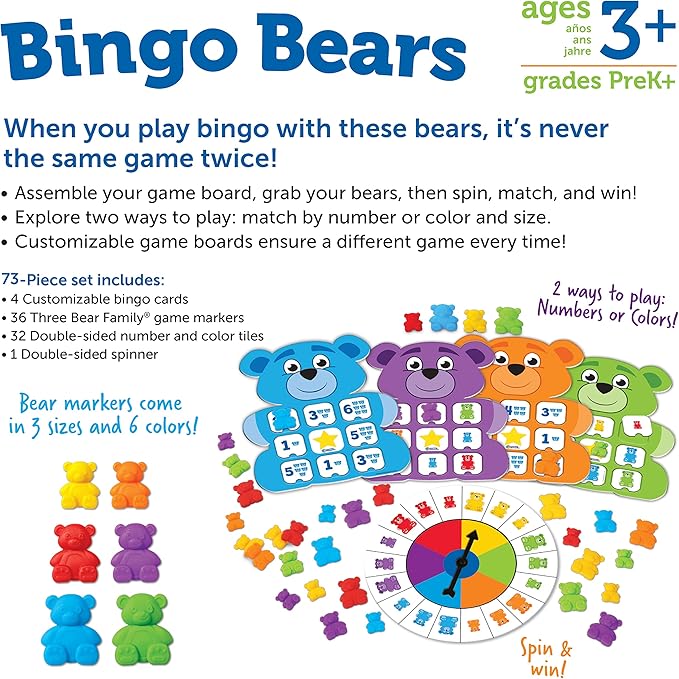 Learning Resources Bingo Bears, Educational Indoor Games, Toddler Brain Toys, Toddler Preschool Learning, 73 Pieces, Age 3+