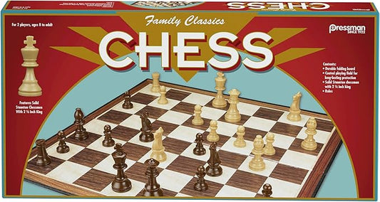 Family Classics Chess by Pressman - with Folding Board and Full Size Chess Pieces