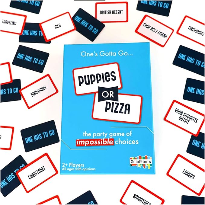 Spin Master Games, SolidRoots Puppies or Pizza? The Card of Impossible Choices | Family, Adult, Travel, Camping | Party Games for Adults & Kids Ages 8+