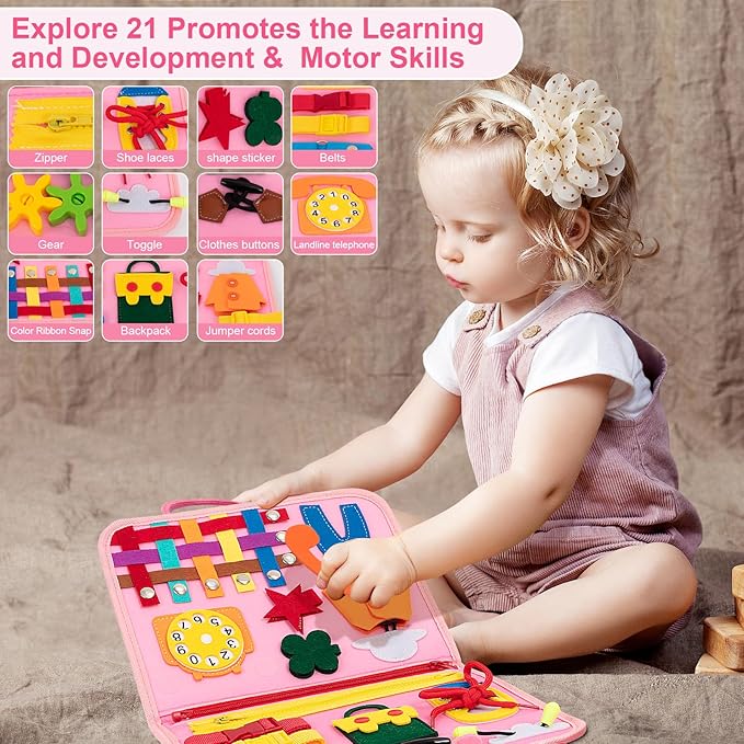 Pink Toddler Busy Board Montessori Toys for 1-3 Year Old Girl Birthday, Educational Activities Developing Sensory Board with Life Skill, Travel Toys for Plane Car