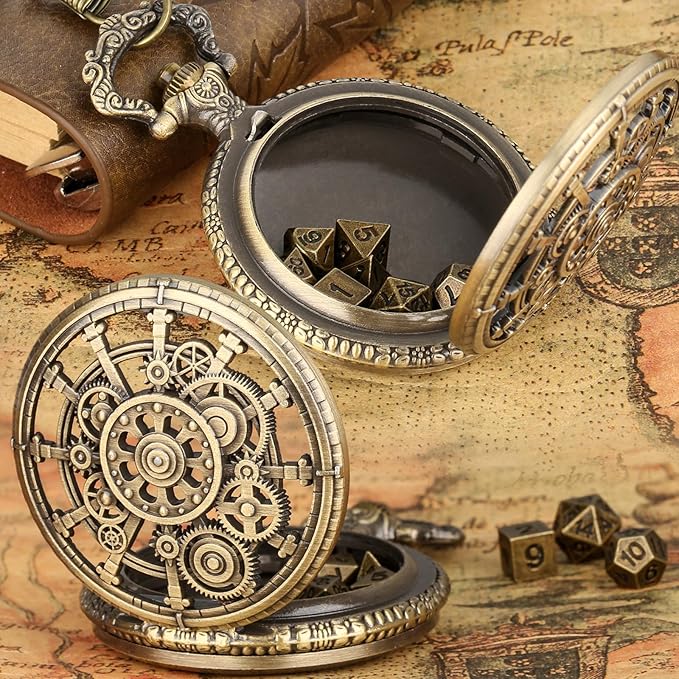 Mini DND Dice Set with Steampunk Hollow Gear Pocket Watch Shell Case, 7pcs Polyhedral Metal D&D Dice, DND Gifts with Gift Box for DND Fans, Role Playing Board Games Accessories