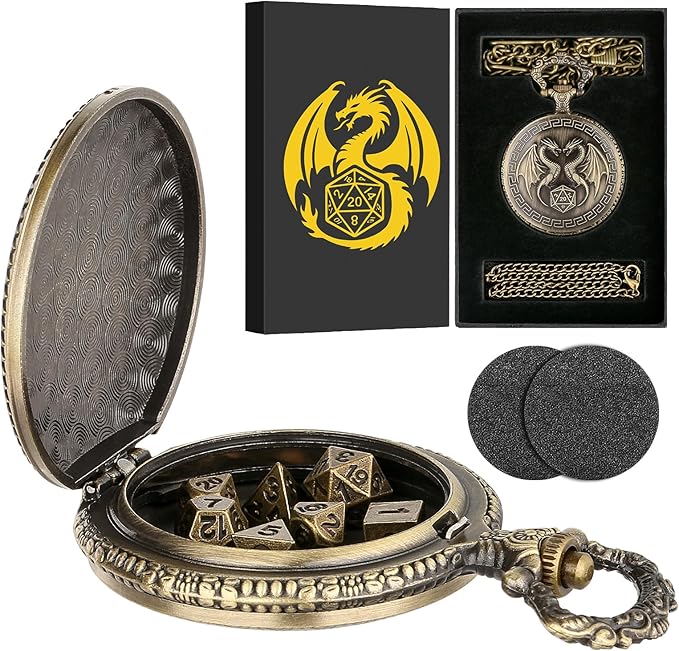 Mini DND Dice Set with Steampunk Double Dragon Pocket Watch Case, Tiny 7-Piece Polyhedral Metal D&D Dice, DND Gifts with Gift Box, Role Playing Game Board Game Accessories Dice, Bronze