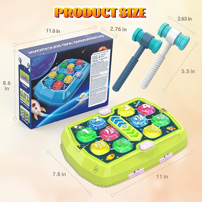 Whack Mole Game Toy for Toddler, Toys for 3 4 5 6+ Year Old Boys/Girls, Interactive Educational Pounding Toys with 2 Hammers, Music & Light, 3 Modes, Birthday Xmas Gifts for Boys Girls Kids Age 3+