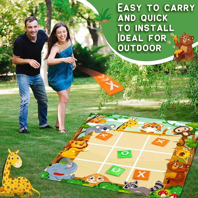 Capoda 20 Pcs Tic Tac Toe Game Set Bean Bag Toss Game Tic Tac Toe Cloth with Bean Bag Storage Pouches Ground Nails for Family Camping Indoor Outdoor Party Toss Games Supplies(Bright,Jungle Animal)