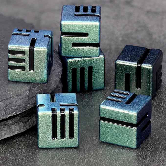 D6 Metal Dice, 16mm 6 Sided Dice Set, ZHOORQI 6Pcs/Set Tech-Themed New Concept Glittery Lines D6 Dice for DND, Tabletop RPGs Gifts（D6-Retro Green）