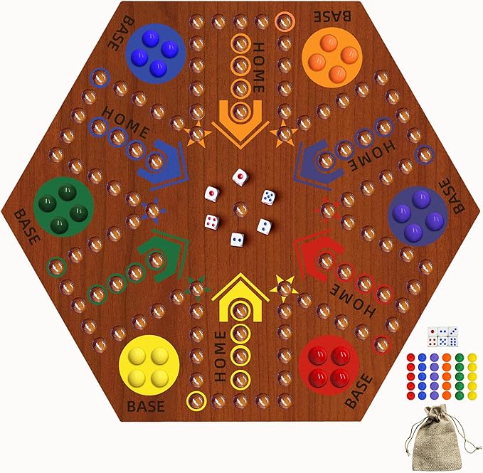 Wooden Board Game, Board Game Original Marble Game Double Sided Painted 2 to 6 Player Fast Track Wooden with 6 Colors 24 Marbles 6 Dice for Adults Kids Family(15 INCH Flame)