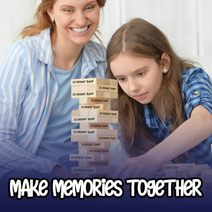Ice Breaker Tower Questions Tumbling Tower Game - For Everyone - 54 Fun Conversation Starters - Great Family Games For Kids And Adults - Coworkers, Friends, Date Night & Relationship Game Night Fun