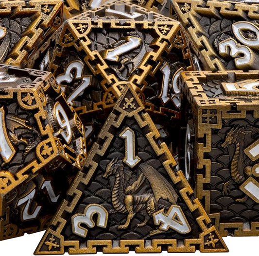 ARUOHHA DND Metal Dice Set Dragon Design Dice Set with Gift Box, Role Playing Games Antique Gold Polyhedral RPG D and D Dice D20 D12 D10 D8 D6 D4