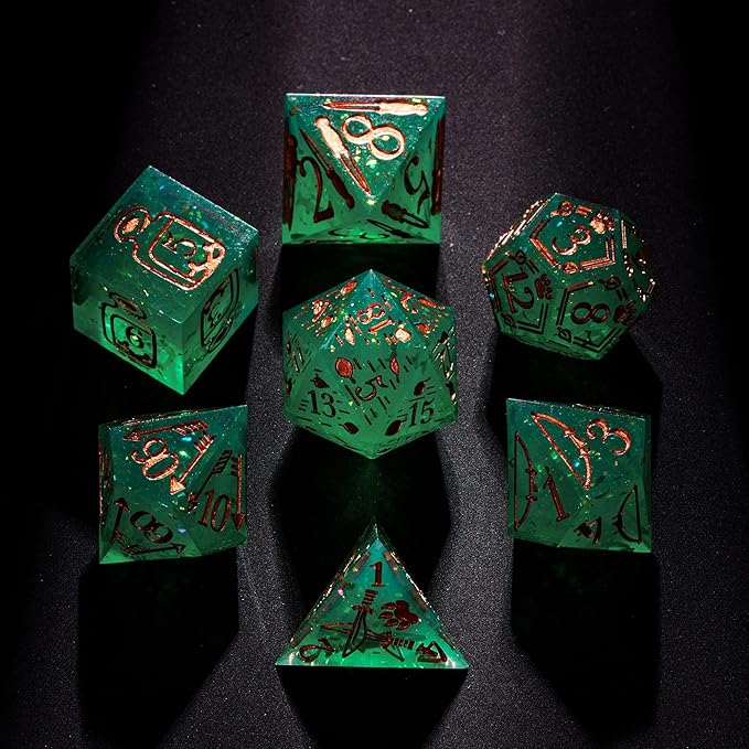 Cusdie 7-Die Sharp Edges DND Dice Set, Ranger Pattern Polyhedral D&D Dice Set for DND Dungeons and Dragons TTRPG Role Playing Games(Green w/Rose Gold Ranger Pattern)