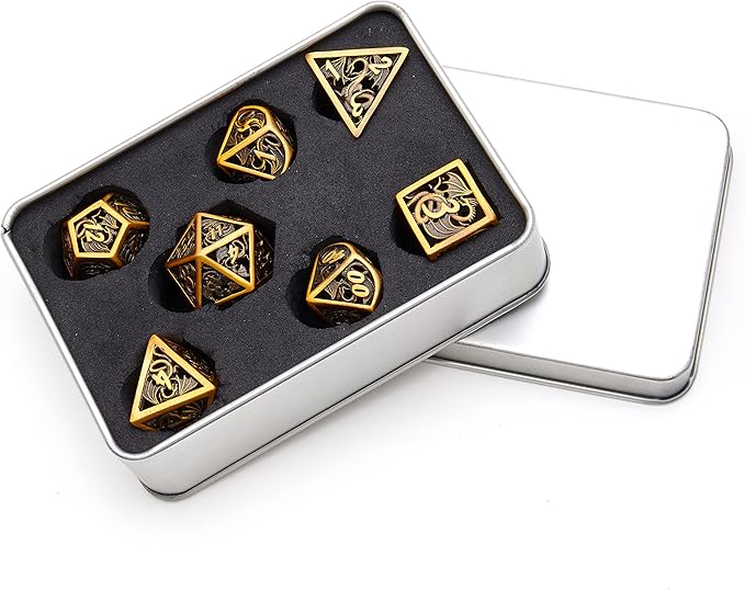 Hollow Metal DND Game Dice Dragon Design Ancient Gold 7Pcs Set for Dungeons and Dragons RPG MTG Table Games D&D Pathfinder Shadowrun and Math Teaching (with Metal Case)