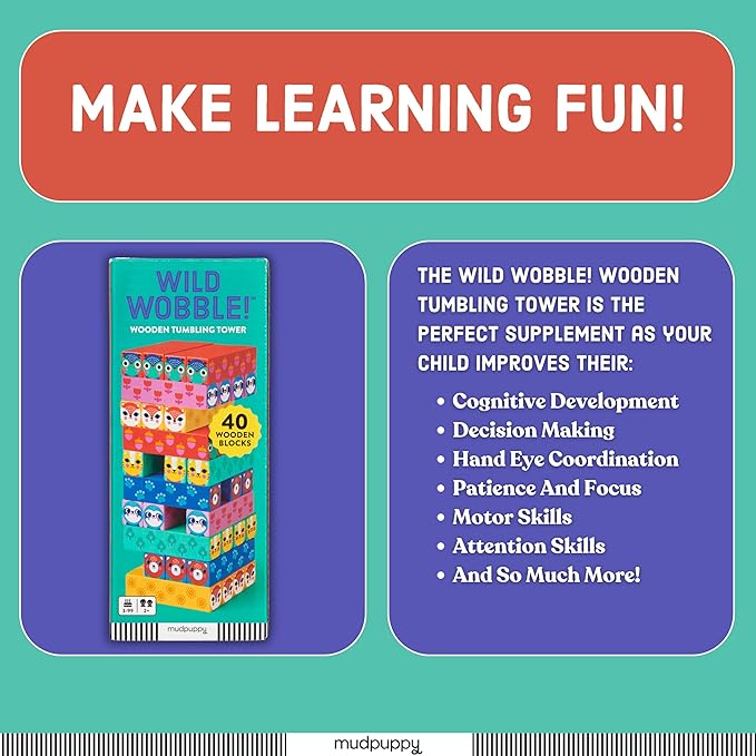 Mudpuppy Wild Wobble! – Colorful Wooden Tumbling Tower Game, 4 Across, Great for Small Hands, Ages 3+