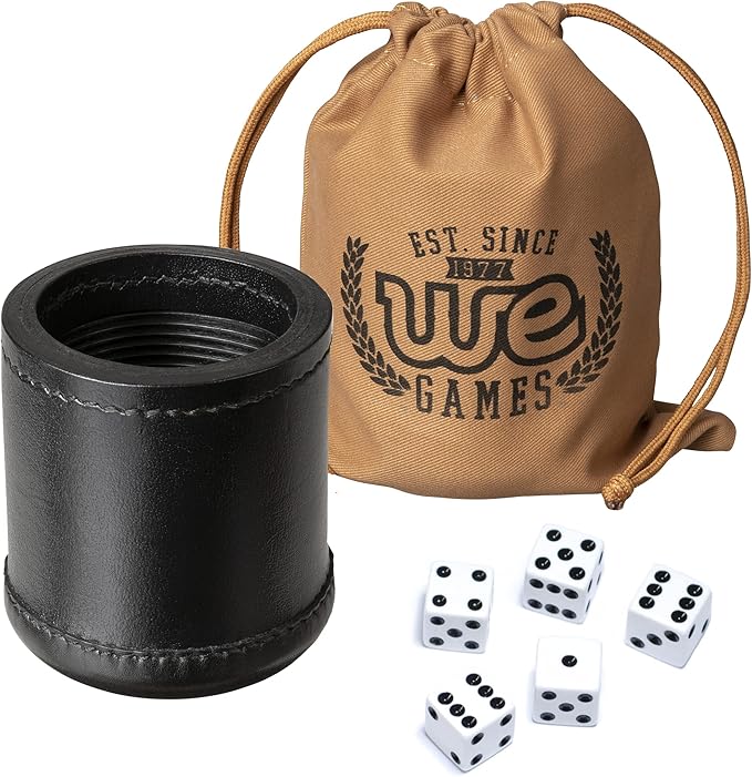 WE Games Professional Handmade Black Leather Dice Cup Set, Comes with 5 Standard Game Dice & Cloth Bag, Dice Roller for Liars Dice Farkle & Board Games, Durable Stitched Dice Cups