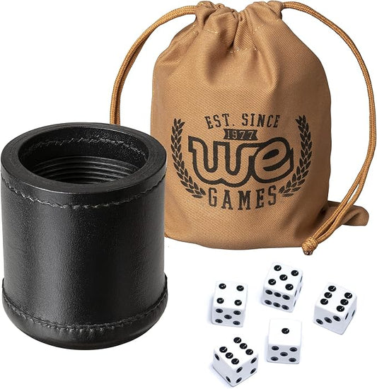 WE Games Professional Handmade Black Leather Dice Cup Set, Comes with 5 Standard Game Dice & Cloth Bag, Dice Roller for Liars Dice Farkle & Board Games, Durable Stitched Dice Cups