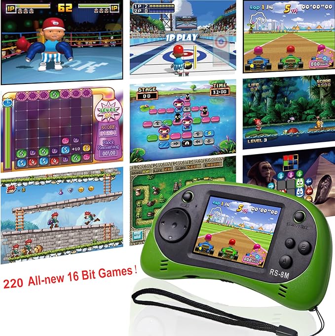 EASEGMER 16 Bit Kids Handheld Games Built-in 220 HD Video Games, 2.5 Inch Portable Game Player with Headphones - Best Travel Electronic Toys for Kids Age 3-10 Years Old Children (Green)