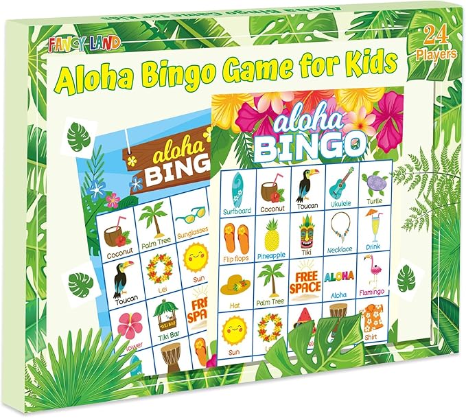 Luau Bingo Game for Kids 24 Players Hawaiian Aloha Tropical Summer Luau Party Games Favors Supplies