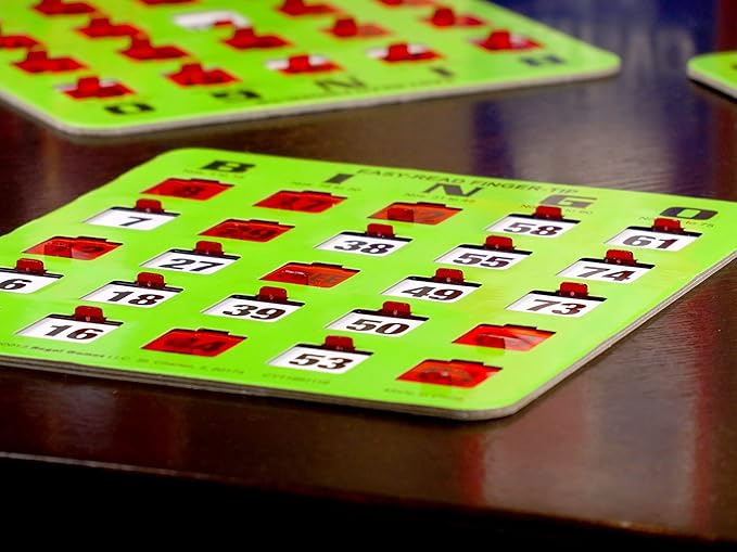 Regal Bingo 50 Bingo Cards with Sliding Windows, Bingo Calling Cards Deck & Master Board Bulk Kit - Reusable Large Print Bingo Game Set for Adults & Seniors Large Group - (Jumbo, Green)
