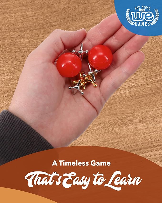 WE Games Metal Jacks Set – Classic Jacks Game with 2 Red Balls in Keepsake Wooden Box – Nostalgic Floor Game