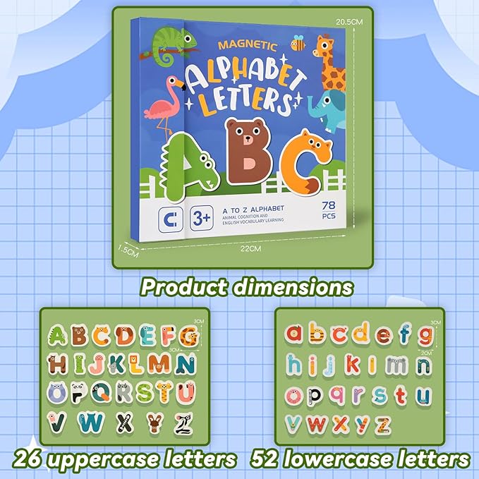 Portable Animals Magnetic Alphabet Letters Learning Board, Foldable, Upper & Lowercase, Spelling, Fridge Magnets for toddlers 1-3, Travel Toys, 3 4 5 6 Year Old, Gifts for Boys Girls Toddlers