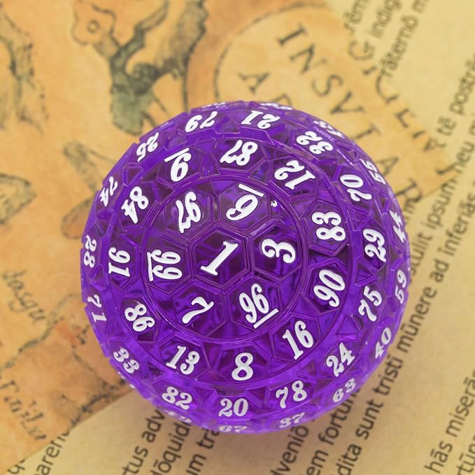 100 Sided Polyhedral Dice, Single D100 Game Dice, 100 Sided Cube with Black Pouch, D100 die 48 mm (Purple with White Number)