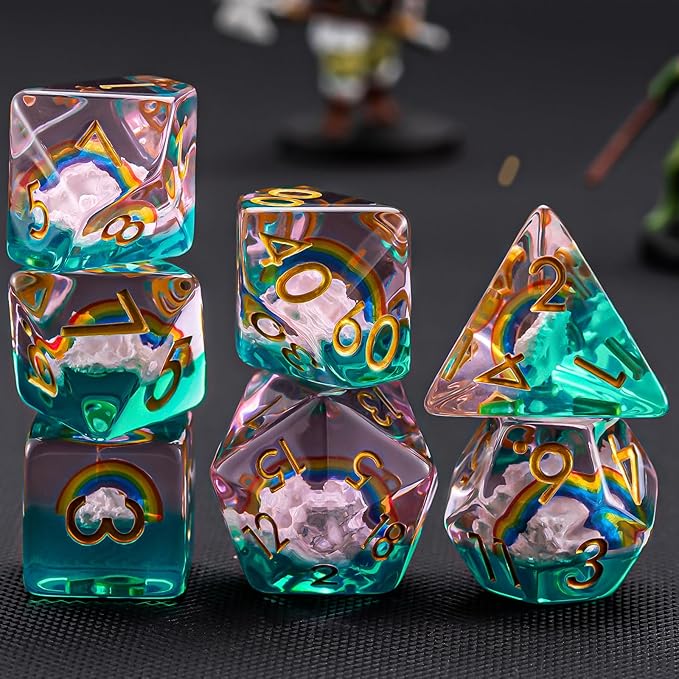 Rainbow Resin D&D Dice Set, Polyhedral Dice for Dungeons and Dragons, RPG, MTG,Role Playing Games (D4, D6, D8, D10, D12, D20, D%) 7PC