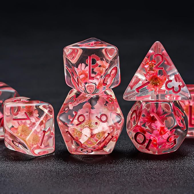 Flower Resin D&D Dice Set, 7pcs Polyhedral Dice for Dungeons and Dragons, RPG, MTG, Role Playing Games (D4, D6, D8, D10, D12, D20, D%)
