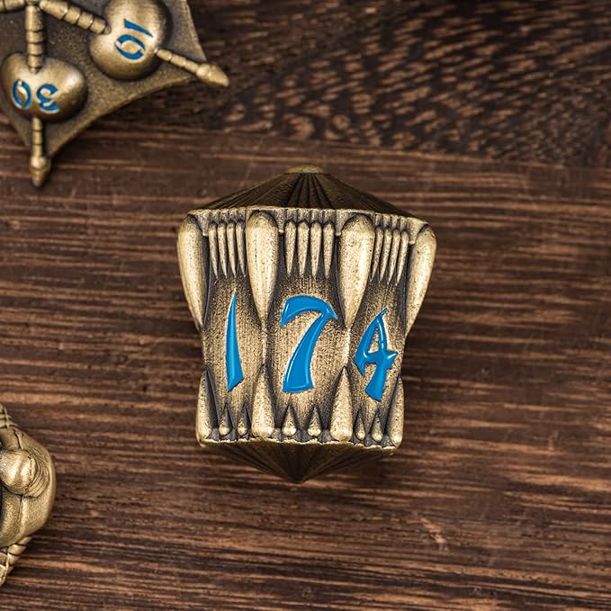 UDIXI Dragon Metal Dice Set D&D, 7-die Polyhedral Dice Set with Unique Shape for DND Dungeons and Dragons Role Playing Games(Bronze with Blue Number)