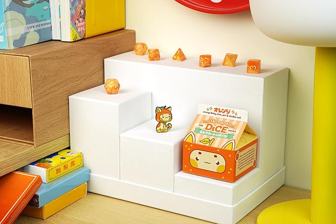 1985 Games Orange Kawaii Cat Dice Set – Milk Carton-Inspired Dice for DND | TTRPGs & Tabletop Roleplaying