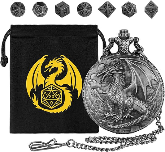 Mini DND Dice Set with Steampunk Dragon Pocket Watch Shell Case, 7pcs Polyhedral Metal DND Dice Set, DND Starter Set, D&D Gifts with Dragon Logo Gift Bag, Role Playing Board Games Accessories, Silver