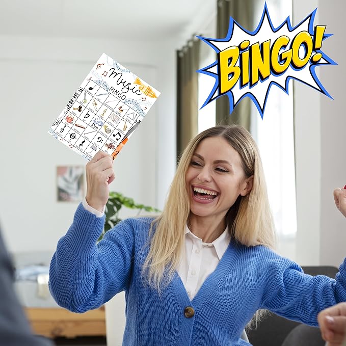 Music Bingo Game for Adults - Birthday Party Set, Cards, Favors for Family Singers and Music Lovers - Party Activity Decor & Supplies -03