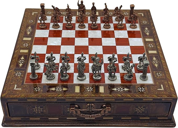 12.6’’ Handmade Walnut Chess Set with Zamak Metal Pieces, Wooden Chess Set with Storage, Birthday Gift for Him, Handmade Chess Gift, for Him (Rome Figure Pieces)