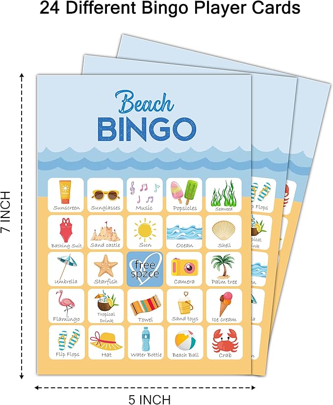 5"x7" Beach Bingo Game Cards (24 Kinds), Birthday Party Summer Game, Outdoor Indoor, Hiking, Trip Activities, Family Vacation Travel Bingo, Activity Games -008beach