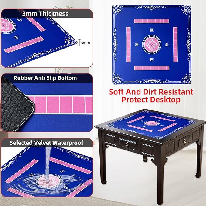 Mahjong Mat (31.4"x31.4"), 3mm Thick Noise Reducing Mahjong Table Mat, Waterproof Surface Mahjong Mat with Drawstring Storage Pouch for 32 Inch+ Mahjong Tables Games (Blue)
