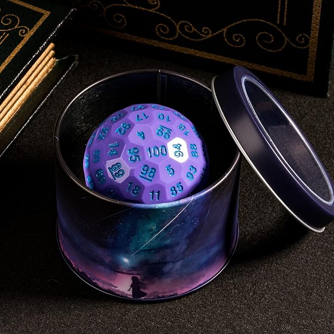 Upgraded D100 Dice, Single 100 Sided Polyhedral Dice D100 Die 50mm, D&D Dice D100 Game Dice, 100 Sided Cube with Metal Storage Tin(Purple/Blue Font)