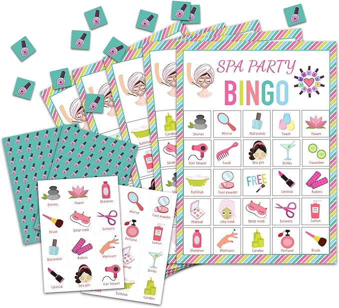 Spa Bingo Card Game for Adults - 24 Players Sleepover Party Supplies, Favors & Decorations