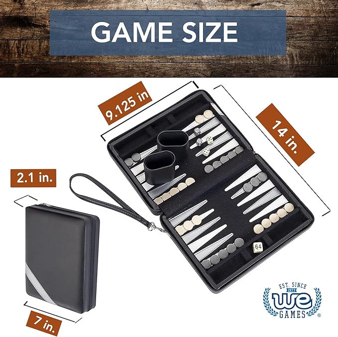 WE Games Backgammon Set, Board Games for Adults - Travel Games - Black with Gray Stripe Magnetic Leatherette Backgammon Board and Carrying Strap - Travel Backgammon Sets for Adults