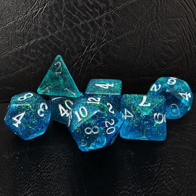 Bescon Blue Shimmery Dice Set, Polyhedral RPG Game 7-dice Set in Brick Box Packing