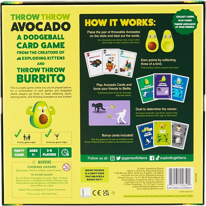 Exploding Kittens Presents Throw Avocado - A Dodgeball Card Sequel and Expansion Set - Family-Friendly Card Games for Adults, Teens & Kids - 2-6 Players - Ages 7 and Up - 120 Cards