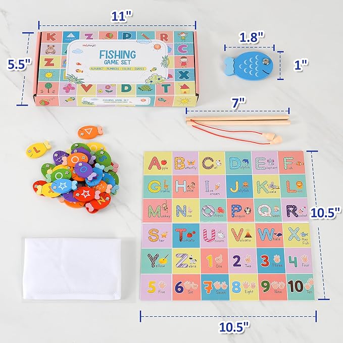 Magnetic Wooden Fishing Game – Interactive ABC Alphabet, Numbers, Shapes & Colors 4-in-1 Learning Board | Montessori Educational Toy for Kids | Complete Set with 36 Fish, 2 Poles & Wooden Board