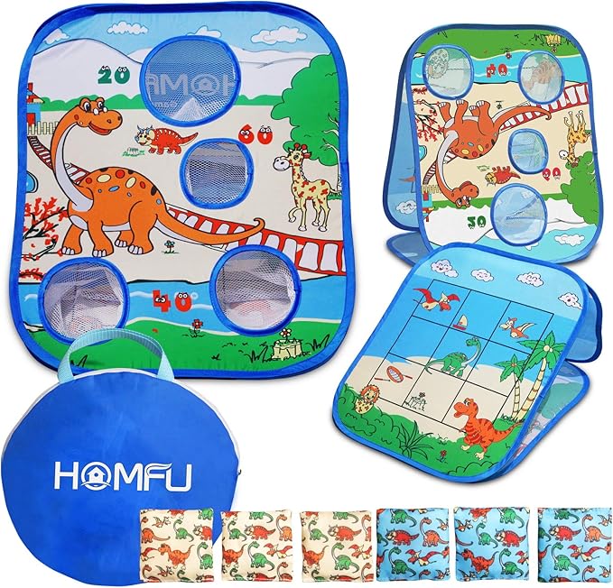 Bean Bag Toss Game Toy Collapsible Portable 4 Holes Corn Hole Game Cornhole Set with 6 Bean Bags Roman Tic-Tac-Toe Game 2-in-1 Game Boards for Kid's