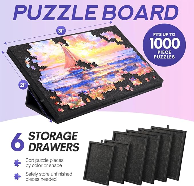Hatisan Puzzle Board with Drawers and Cover, Portable Felt Puzzle Table for Adults,Foldaway Jigsaw Puzzle Board for Birthday (Dark Grey, 1000 PCS)