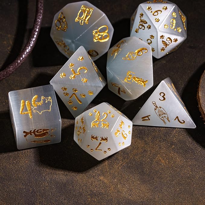 UDIXI Gemstone Dice Set 7PCS Stone DND Dice with Gift Case for Dungeons and Dragons Tabletop Game (Cat's Eye Stone)